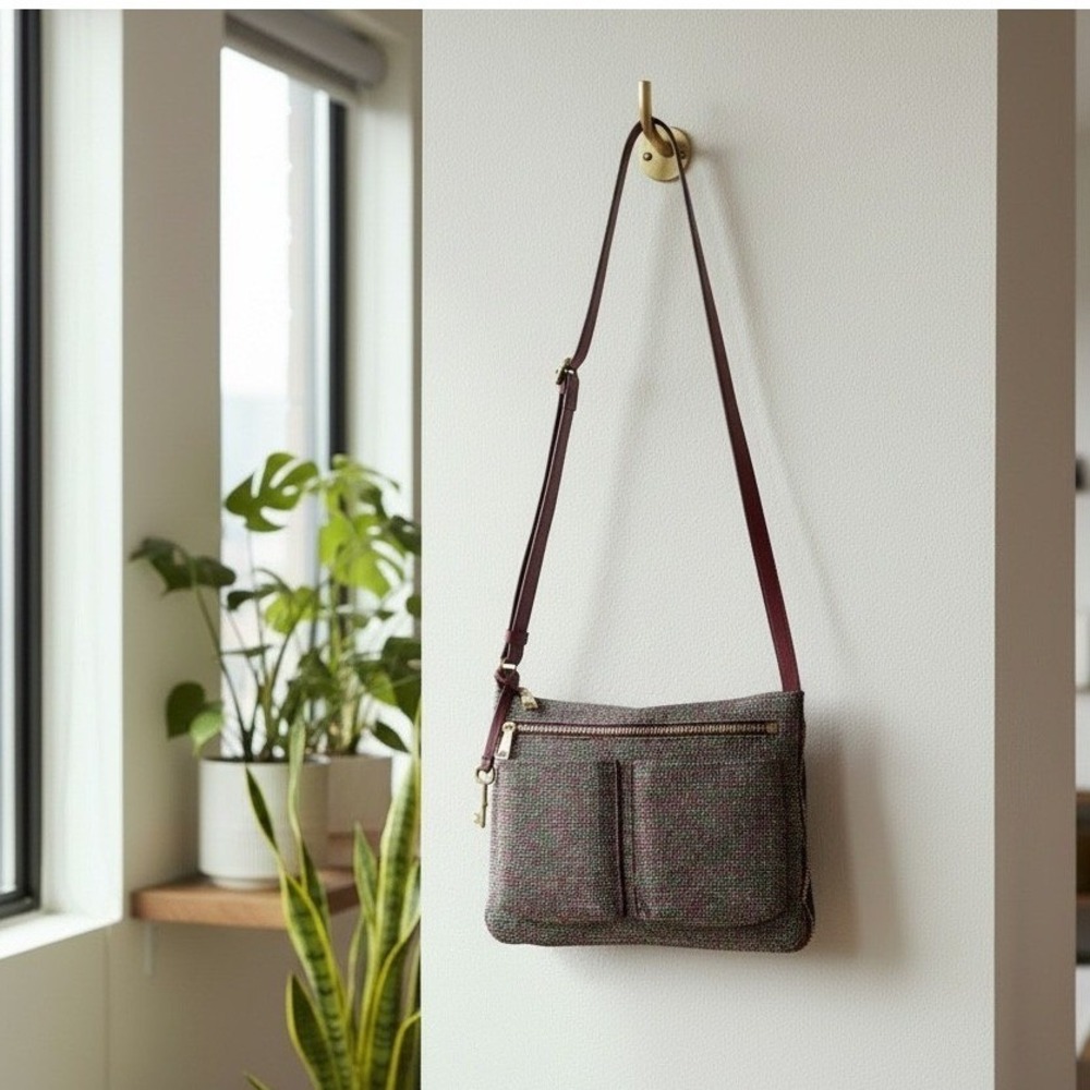 Fossil Expandable‎ Piper Tweed Crossbody Bag Burgundy Leather Trim Handbag